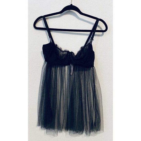 Victorias Secret Babydoll Womens Large Black Lace Underwire Bra Mesh Romantic - Picture 1 of 6